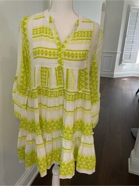 Elan Lime Green and White Tiered Boho Tunic Dress